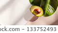 Close-up view of a perfectly ripe avocado half showcasing its smooth texture and vibrant colors 133752493