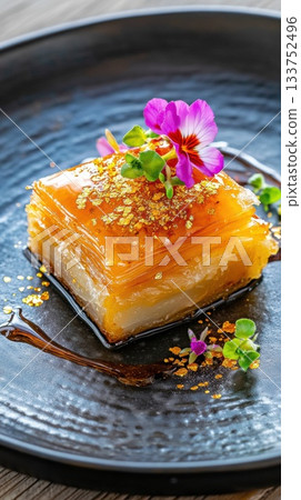 Delicate gourmet Eid dessert featuring vibrant colors and luxurious textures on a beautifully crafted plate 133752496