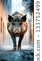 Powerful wild boar stands under streetlight in empty city alley with mist rising from pavement 133752499