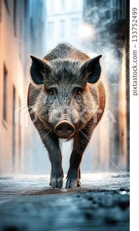 Powerful wild boar stands under streetlight in empty city alley with mist rising from pavement 133752499