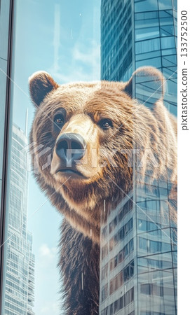 Gigantic grizzly bear gazes through high-rise window, blending nature with urban life 133752500