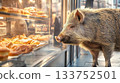 Wild boar curiously gazes at pastries in a bakery on a bustling city street 133752501