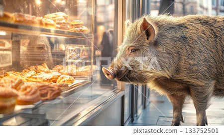 Wild boar curiously gazes at pastries in a bakery on a bustling city street 133752501