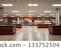 An untouched interior captures the essence of a vacant supermarket, where neatly organized aisles remain, offering a glimpse into its once lively ambiance now paused in time.. 133752504