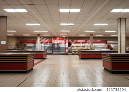 An untouched interior captures the essence of a vacant supermarket, where neatly organized aisles remain, offering a glimpse into its once lively ambiance now paused in time.. An untouched interior captures the essence of a vacant supermarket, where neatly organized aisles remain, offering a glimpse into its once lively ambiance now paused in time.. 133752504