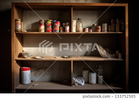 A hauntingly still pantry, bathed in soft sunlight, captures the essence of abandonment. Dust-covered cans and containers reflect moments frozen in time, telling tales of a once-bustling . A hauntingly still pantry, bathed in soft sunlight, captures the essence of abandonment. Dust-covered cans and containers reflect moments frozen in time, telling tales of a once-bustling . 133752505