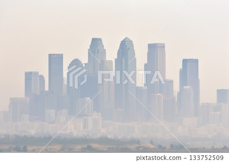A dense haze hangs over the city skyline, a visual representation of the growing concern for air quality in urban environments. 133752509