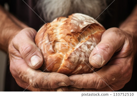 A close-up shot capturing seasoned hands cradling freshly baked bread, symbolizing tradition, craftsmanship, and the simple comforts of home-cooked nourishment. 133752510