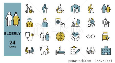 與老年人和護理相關的線條圖示集（彩色） 133752551