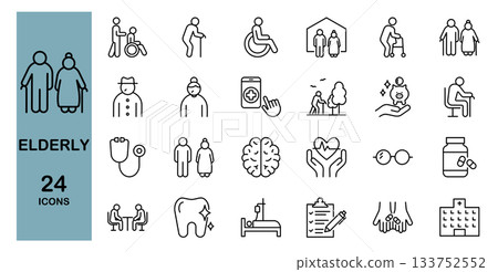 老年人和護理相關線條圖標集 133752552