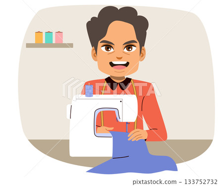 Man Sewing with Sewing Machine Cartoon Vector Illustration Man Sewing with Sewing Machine Cartoon Vector Illustration 133752732