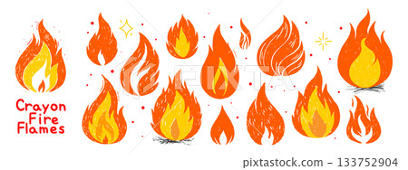 Crayon fire flames set. Hand drawn doodle flame collection with chalk texture. Vector illustration for sticker, graphic, and collage design. Crayon fire flames set. Hand drawn doodle flame collection with chalk texture. Vector illustration for sticker, graphic, and collage design. 133752904