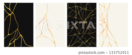 Golden kintsugi crack posters. Abstract Japanese style broken marble with gold lines. Vector background. Golden kintsugi crack posters. Abstract Japanese style broken marble with gold lines. Vector background. 133752911
