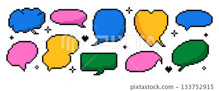 Pixel speech bubbles for game design. Set of 8-bit retro talk balloons, empty text frames and dialog clouds. Modern Y2k trendy style. Pixel speech bubbles for game design. Set of 8-bit retro talk balloons, empty text frames and dialog clouds. Modern Y2k trendy style. 133752915