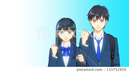 動漫風格的插圖，描繪了背著背包和書包的高中或初中男女學生，背景為漸變色。 133752959