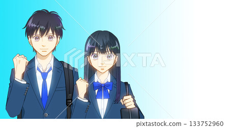 Anime-style illustration of male and female high school or junior high school students carrying backpacks and school bags, gradient background Anime-style illustration of male and female high school or junior high school students carrying backpacks and school bags, gradient background 133752960
