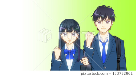 動漫風格的插圖，描繪了背著背包和書包的高中或初中男女學生，背景為漸變色。 133752961