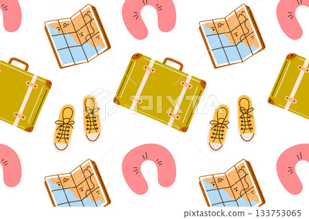 Travel seamless pattern, flat cartoon vector illustration with suitcase, map, neck pillow and sneakers, vacation mood, tourism and leisure theme, playful design for travel and decorative uses Travel seamless pattern, flat cartoon vector illustration with suitcase, map, neck pillow and sneakers, vacation mood, tourism and leisure theme, playful design for travel and decorative uses 133753065