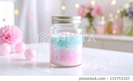 一種可愛的裝飾品，由裝滿粉彩色史萊姆的罐子製成。 133753107