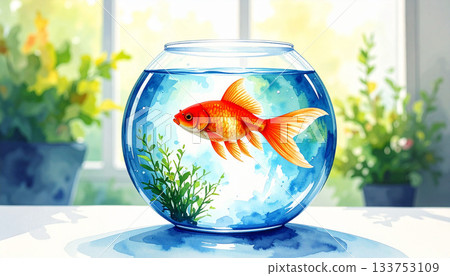 A cool watercolor illustration of a red goldfish swimming in a transparent fishbowl 133753109