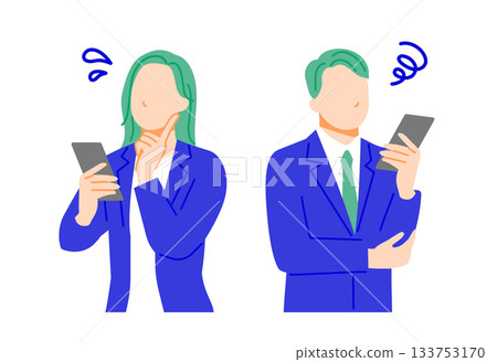 一幅插圖，描繪了一男一女兩位商務人士手持智慧型手機，表情憂慮。扁平化設計。 133753170
