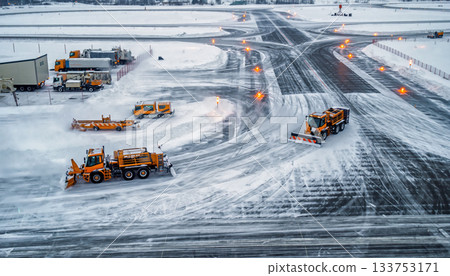 Snowplows clearing snow on airport runway during winter, ensuring safe travel 133753171