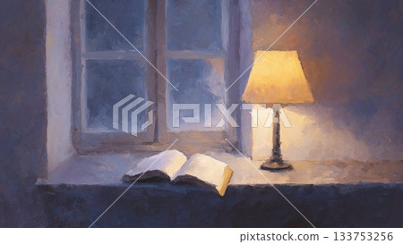 奇幻藝術作品，描繪了一本打開的書和一盞燈在夜晚照亮窗戶的場景。 133753256