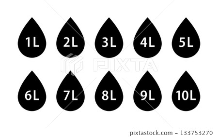 Water capacity icons set. Liquid volume symbol from 1 to 10 liters. Water drop icon. Fluid volume. L sign. Scale for liquid. Vector illustration isolated on white background Water capacity icons set. Liquid volume symbol from 1 to 10 liters. Water drop icon. Fluid volume. L sign. Scale for liquid. Vector illustration isolated on white background 133753270