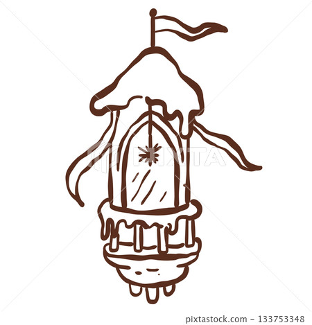 Snow covered tower lantern glowing softly with dreamy winter magic and gentle fairy tale charm floating above the cozy castle landscape 133753348