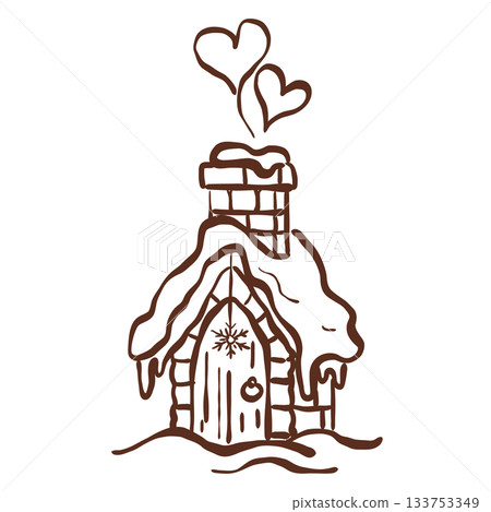 Snow Covered Cozy Cottage with Heart Shaped Chimney Smoke Winter Castlecore Fantasy Line Art 133753349
