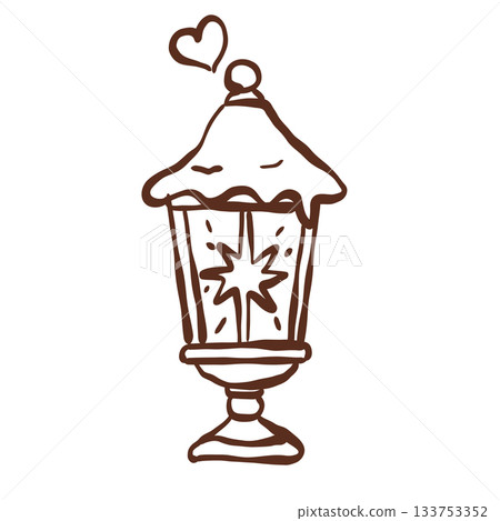 Cozy winter lantern glowing softly under snowy rooftops with gentle heart warmth guiding the dreamy castle pathway 133753352