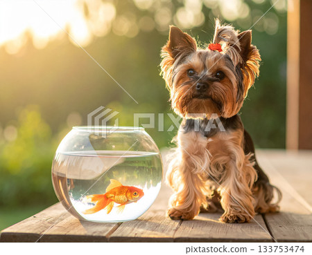 夕陽西下，映照著一隻狗和一條金魚，構成一幅寧靜的夏日景象。 133753474