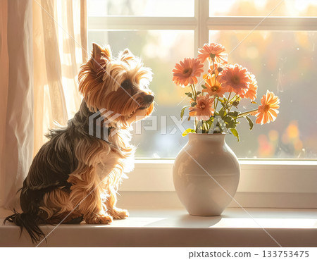 約克夏梗犬正望著窗邊的一瓶花。 133753475