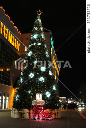 Christmas tree near the shopping center. Christmas tree near the shopping center. 133753726