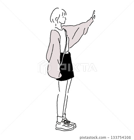 A woman raising one hand to greet someone. Casual fashion color illustration A woman raising one hand to greet someone. Casual fashion color illustration 133754108