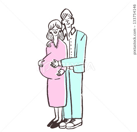 插圖描繪了一對面帶微笑的夫婦依偎在一起，雙手放在孕婦的肚子上。 133754146