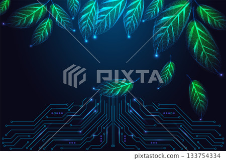 Glowing green digital leaves over blue circuit board, technology and nature connection vector design Glowing green digital leaves over blue circuit board, technology and nature connection vector design 133754334