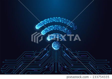 Futuristic glowing Wi-Fi signal over circuit board background, digital communication network vector 133754335