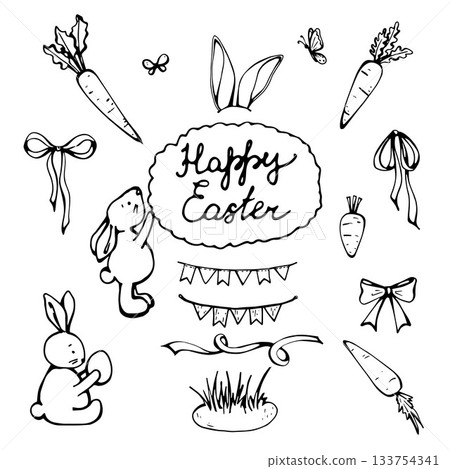 Happy Easter and cute spring set with eggs, bunny, spring flowers and carrot Happy Easter and cute spring set with eggs, bunny, spring flowers and carrot 133754341
