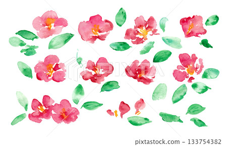 日式新年賀卡邊框，飾以山茶花。水彩畫風格。向量日式水彩背景。 133754382