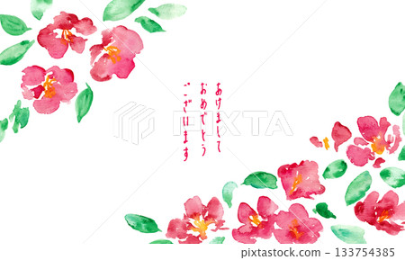 日式新年賀卡邊框，飾以山茶花。水彩畫風格。向量日式水彩背景。 133754385