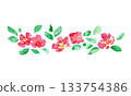 Japanese-style New Year's card frame with camellia flowers. Watercolor painting. Vector Japanese-style background with a watercolor touch. 133754386
