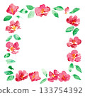 Japanese-style New Year's card frame with camellia flowers. Watercolor painting. Vector Japanese-style background with a watercolor touch. 133754392