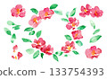Japanese-style New Year's card frame with camellia flowers. Watercolor painting. Vector Japanese-style background with a watercolor touch. 133754393