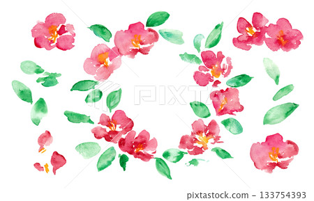 日式新年賀卡邊框，飾以山茶花。水彩畫風格。向量日式水彩背景。 133754393