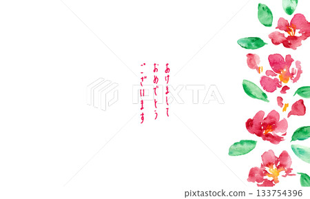 日式新年賀卡邊框，飾以山茶花。水彩畫風格。向量日式水彩背景。 133754396