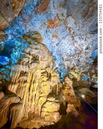 燈光照亮了壯麗的天宮洞穴石灰岩洞穴(越南下龍灣) 燈光照亮了壯麗的天宮洞穴石灰岩洞穴(越南下龍灣) 133754481