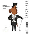 2026 Year of the Horse New Year's card featuring a stylish horse in a tailcoat and top hat posing with a golf club and ball in hand 133754515