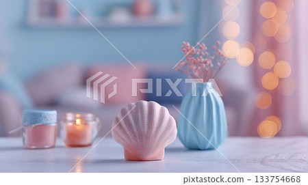 Ceramic seashell bowl on the desk in warm, glowing bokeh light. 133754668