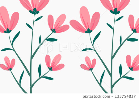 Floral Background with Pink Flowers and Green Stems in Flat Design 133754837